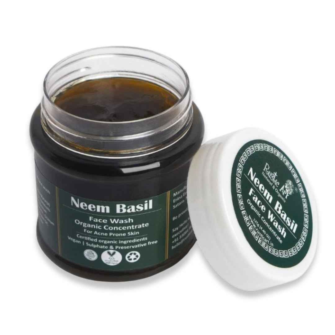 Rustic Art Neem Basil Face Wash Concentrate | Daily Essentials | Acne Prone & Oily Skin | Sulphate & Paraben Free | Vegan & Cruelty Free | For Women & Men | 4.4 Oz