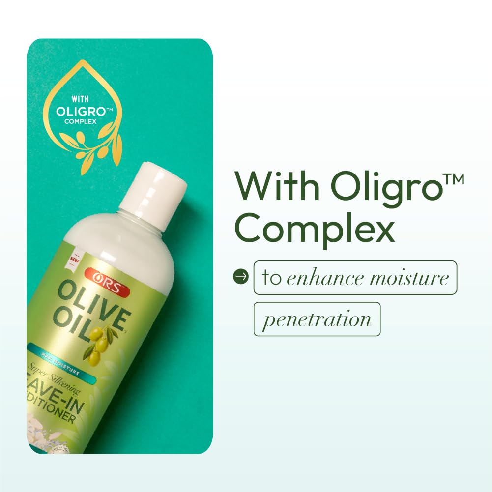 ORS Olive Oil Max Moisture Leave-In Conditioner with Rice Water and Electrolytes for Supercharged Hair Hydration 16.0 Ounce (Pack of 2)