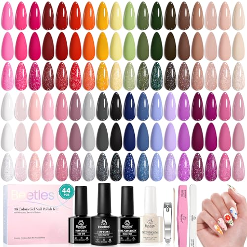 beetles Gel Polish 44pcs Winter Gel Nail Polish Set 36 Colors Brown Burgundy Red Blue Purple Green Black Nude White with Base Top Coat UV LED Needed Salon DIY at Home Gift for Women Colorful Muse