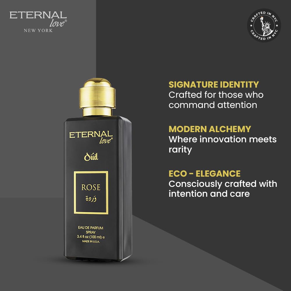 Eternal Love Rose Oud - Long Lasting Unisex Eau de Parfum - Romantic Floral Oriental Fragrance with Oud & Rose - Dubai Inspired Arabic Scent - 3.4oz