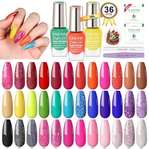 SAVILAND Nail Polish Set Air-Dry: 36 Colors Nail Polish Kit Red Pink Blue Glitter Regular Nails Polish with Base Top Coat Nail Lacquer Acrylic Nail Set for Beginner Home Salon DIY Gift Summer