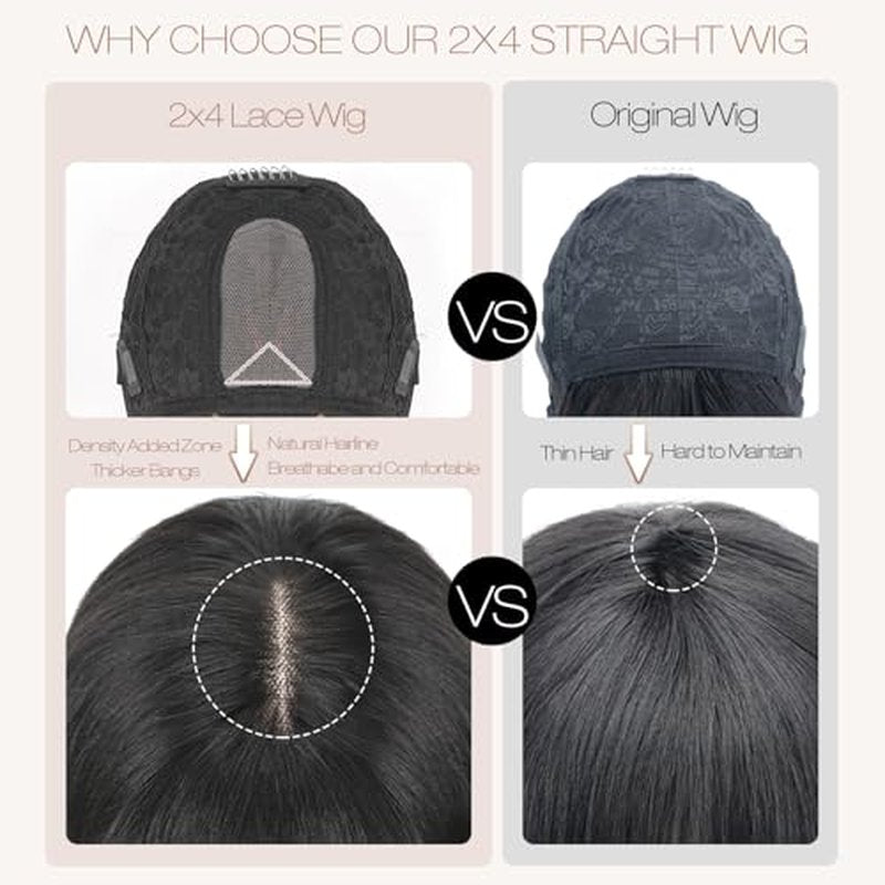 Straight Human Hair Wigs with Bangs 2x4 Lace Closure Wigs Human Hair 180% Density Drawstring Glueless Wigs Human Hair for Women Lace Front Wigs Human Hair Natural Black 18inch.