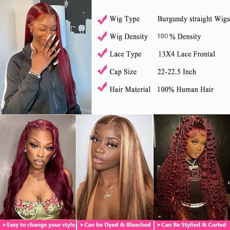30 Inch Burgundy Wig Human Hair 180% Density 13x4 99J Burgundy Lace Front Wigs Human Hair Pre Plucked Wine Red Colored Straight Wigs Human Hair Glueless Frontal Wigs for Women Red Wig