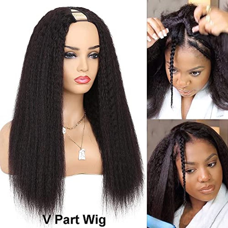 V Part Wig Human Hair Wigs for Black Women Kinky Straight V Part Wig 12A Virgin Hair Half Wigs for Women No Lace Upgrade U Part Human Hair Wigs Full Head Clip in Half Wig V Shape Wigs (20inch)
