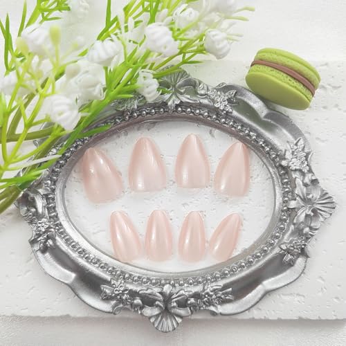 Almond Press On Nails - Chrome Designs, Glossy Glue On, Light Pink, 30 Pcs