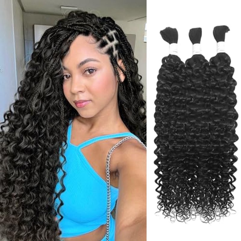 Human Braiding Hair for Boho Braids 3 Bundles 150g 24Inch Water Wave Human Hair Braiding Hair 12A Brazilian Virgin No Weft Hair Extensions for Bohemian Knotless Braids Bulk Human Hair for Braiding