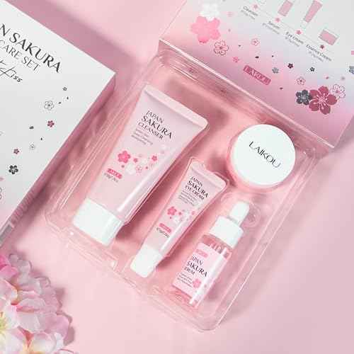 Skin Care Set JAPAN SAKURA Beauty Gift Sets Skin Care Kit with Cleanser, Serum, Eye Cream, Face Cream Travel Kit for Women Mom Wife Teen Girls Gentle Skin Cleaning TSA-friendly Sizes 4pcs