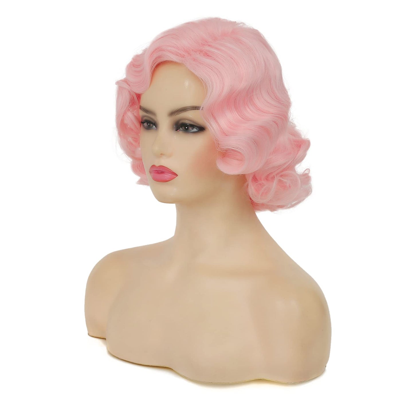 Swiking Short Pink Curly Finger Wave Wigs for Women Synthetic Wig Cosplay Halloween Flapper Vintage Hair Wig (Pink)