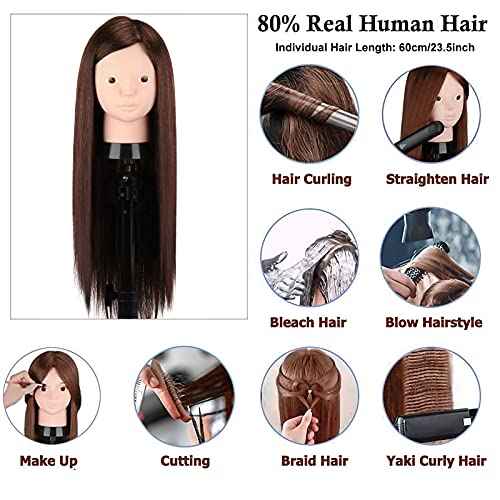 Mannequin Head Human Hair, Beauty Star Doll Head for Practice Hair Styling, 80% Real Hair Cosmetology Makeup Hairdressing Training Manicanequin Head with Clamp Stand + DIY Braiding Set