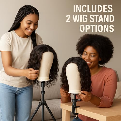 Wig Stand with Head, Adjustable Wig Head Stand, Canvas Wig Head Stand with Mannequin Head with Clamp Stand, Manikin Head Set for Wigs Cosmetology