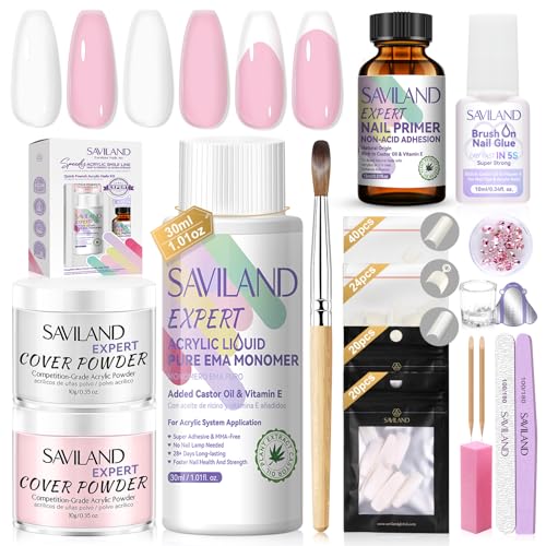SAVILAND Acrylic Nail Kit: Keratin Acrylic Powder with Castor Oil Vitamin E Nail Primer Nail Glue French Tips Pink Rhinestones Complete Tools Everything for Beginners DIY Home Salon Christmas Gift
