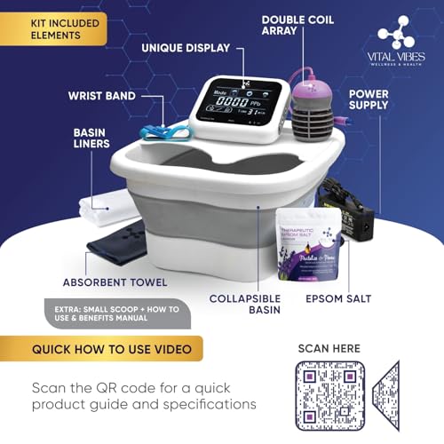 Vital Vibes Ultimate Ionic Foot Bath Detox Machine - Foot Detox Machine for Spa Bath with Touch Display - Epsom Salt & Towel - Collapsible Soaking tub -2 Powerful Array- Ion Wristband-Tub Liners