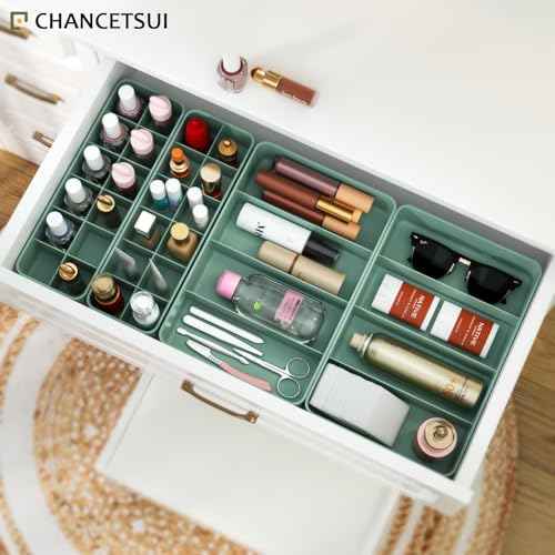 Stackable Drawer Organizer, 3 PCS Versatile Bathroom and Vanity Drawer Organizers Trays Makeup Organization and Storage Set for Lipstick, Lip Gloss, Nail Polish, Cosmetics, Skincare, Jewelry, Green