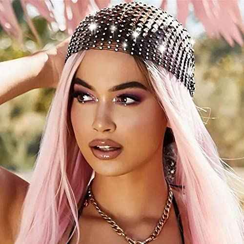 JEAIRTS Rhinestone Head Scarf Sparkly Mesh Headband Stretchy Crystal Nightclub Headwrap Rave Hair Accessories for Women (1-Black, Free Size)