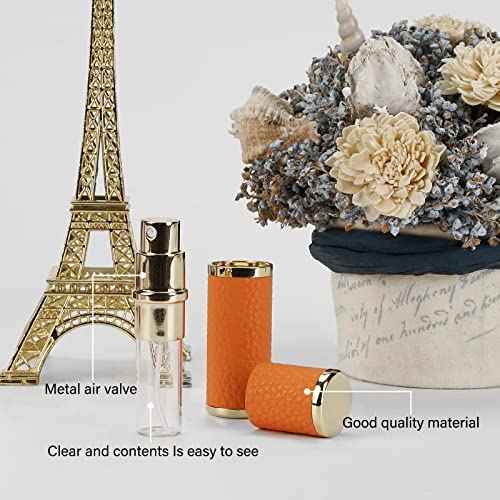 LUEXBOX 3 Pack Portable Perfume Bottle for Travel, Mini Refillable Perfume Dispenser, 5ml Faux Leather Leak Proof Perfume Atomizers Bottles Sprayer for Pocket Perfume (Red, Pink, Orange)