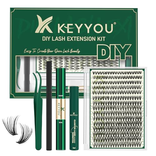 KEYYOU Lash Extension Kit DIY 300Pcs Lash Clusters Eyelash Extension Kit 40D 0.07 D Curl 9-18MIX Lash Clusters Kit with Lash Glue Remover Applicator Easy to Use for Beginners(Kit,40D-D,9-18MIX)