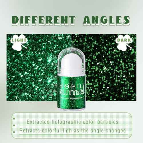 Roll-on Green Body Glitter Gel for Face Hair, St Patricks Day Accessories, Chunky Mermaid Sequins Halloween Festival Party Rave Outfits Christmas Face Paint Glitter Makeup for Women Kids