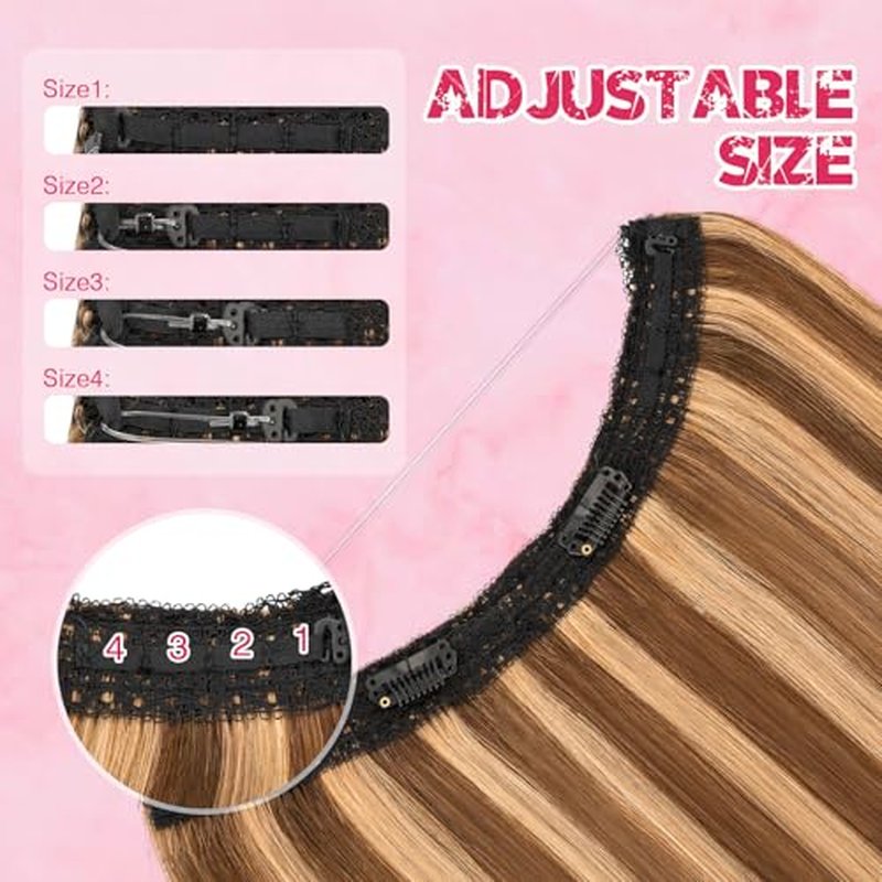 Halo Hair Extensions Real Human Hair, MY-LADY Adjustable Halo Extensions Real Human Hair, 20 inch Medium brown mix Dark Blonde Women's Long Straight Hair Invisible Wire Hair Extensions