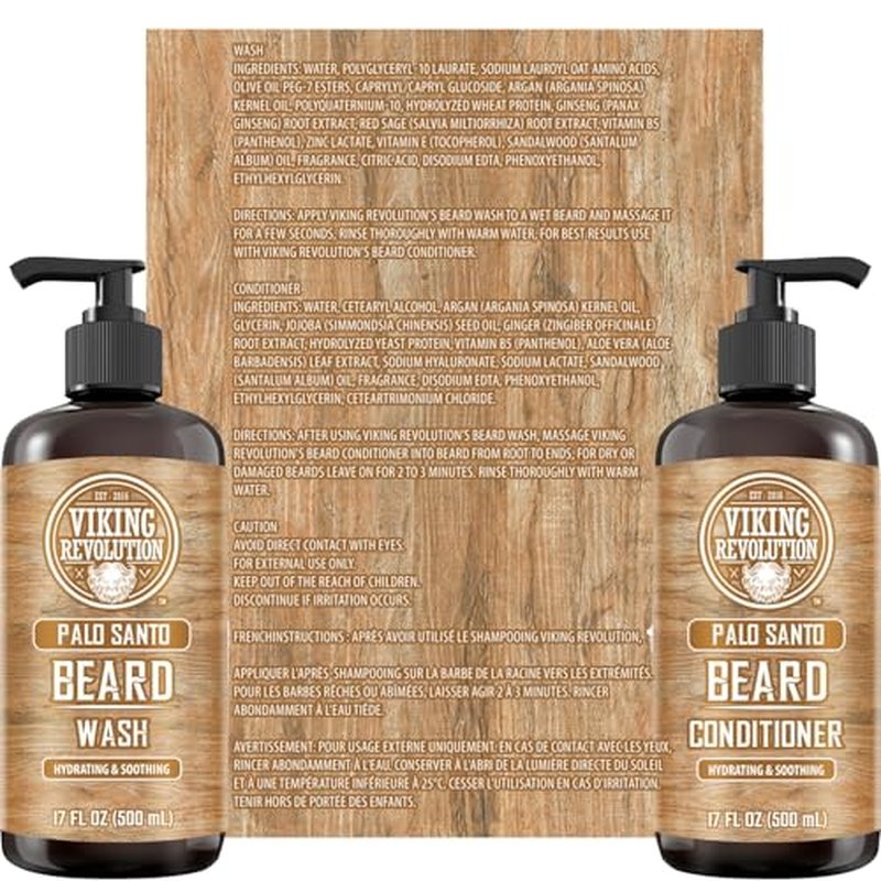 Viking Revolution Palo Santo Beard Wash and Beard Conditioner Set with Argan and Jojoba Oils - Softens and Strengthens - Natural Palo Santo Scent - Beard Shampoo with Ginseng Root Extract (17 oz)