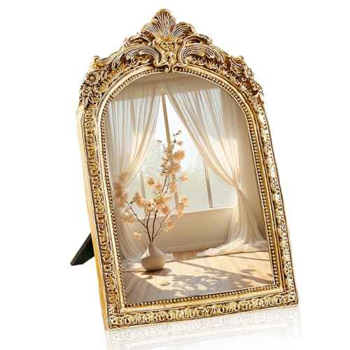 YUSONG Vintage Makeup Mirror for Tabletop - 8" Antique Gold Arched Desk Mirrors with Resin Frame Vanity Table Mirror for Bedroom Living Room Retro Decor