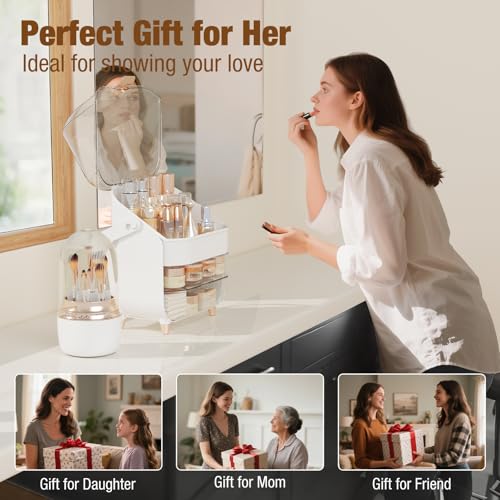 Makeup Organizer, Skincare Organizers With Makeup Brush Holder, Cosmetic Organizer for Countertop,Bathroom, Vanity, Cosmetic Display Cases, Christmas Gifts for Teen Girls (Rose Gold)