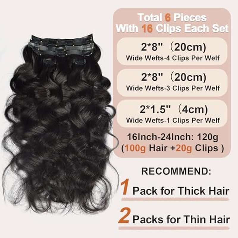 Body Wave Clip in Hair Extensions Real Human Hair Clip ins 100% Brazilian Virgin Hair PU Seamless Clip in Hair Extensions Human Hair Natural Black Hair for Women 120 Gram 6 Pcs 24Inch