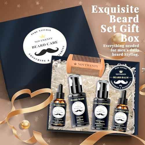 Beard Growth Kit - 7 Pcs Beard Care Kit for Men, Includes Beard Wash, Beard Oil&Growth Oil, Beard Conditioner, Beard Balm, Beard Comb, Gift Box Set for Boyfriend Husband Fathers, Navy