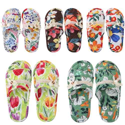 Chuarry 5 Pairs Floral Cotton House Slippers for Women, Soft Open Toe Indoor Spa Slippers for Guests Non Slip Washable Comfortable Portable Shoes for Hotel Travel Bedroom Airplane Party