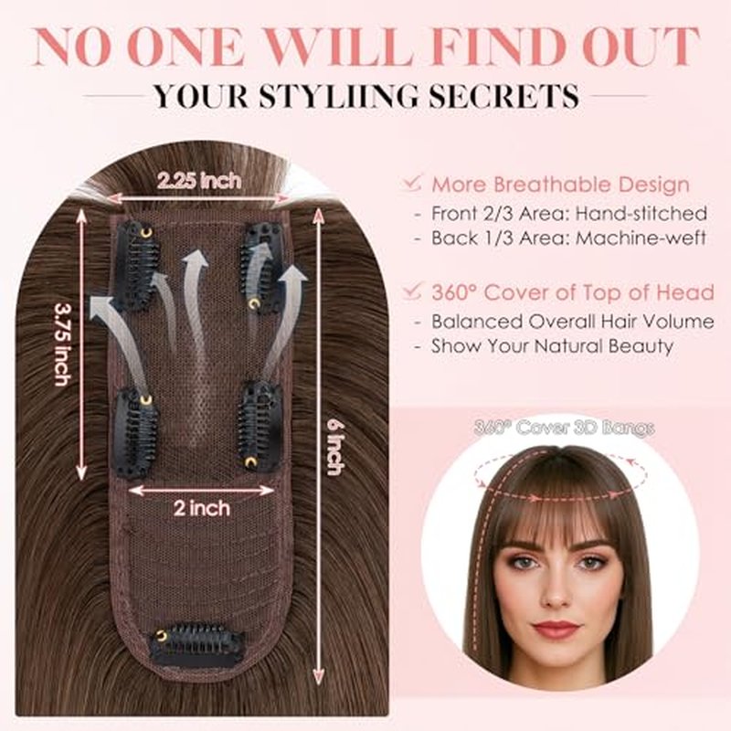 Hairro Human Hair Topper with Wispy Bangs, Clips on 360¡Æ 3D Cover Real Hairpieces Lightweight, 2.25"x6" Base for Women with High Hairline/Thinning Hair, 10 Inch Dark Brown Bangs