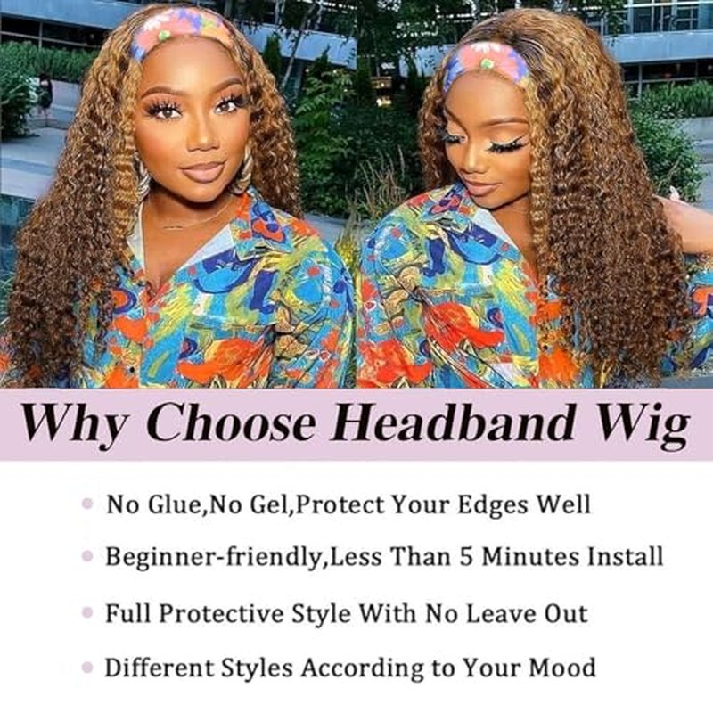 Highlight Ombre Headband Wig Human Hair Curly #4/27 Glueless Brazilian Ombre Deep Wave Headband Wig Human Hair Wigs for Black Women 24 Inch