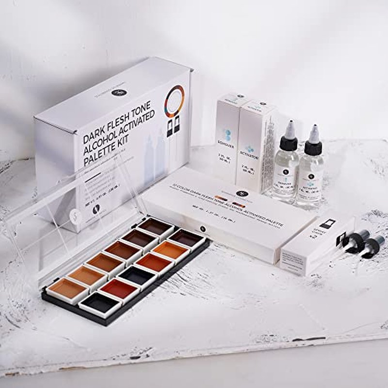 Narrative Cosmetics 12 Color Dark Flesh Tone Alcohol Activated Makeup Palette Kit - Includes Alcohol Activator and Moisturizing Remover - Waterproof Makeup for Professional Makeup Artists