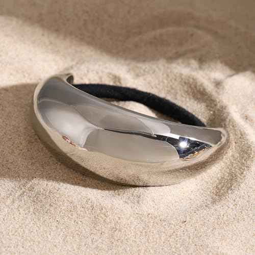 Stainless Steel Arch Hair Cuffs Hair Ties, 18K Gold Chunky Ponytail Cuff Hairties, Women Glossy Ponytail Holders Elastic Hair Bands,Geometric Gold and Silver Hair Accessories (Large Size Silver)