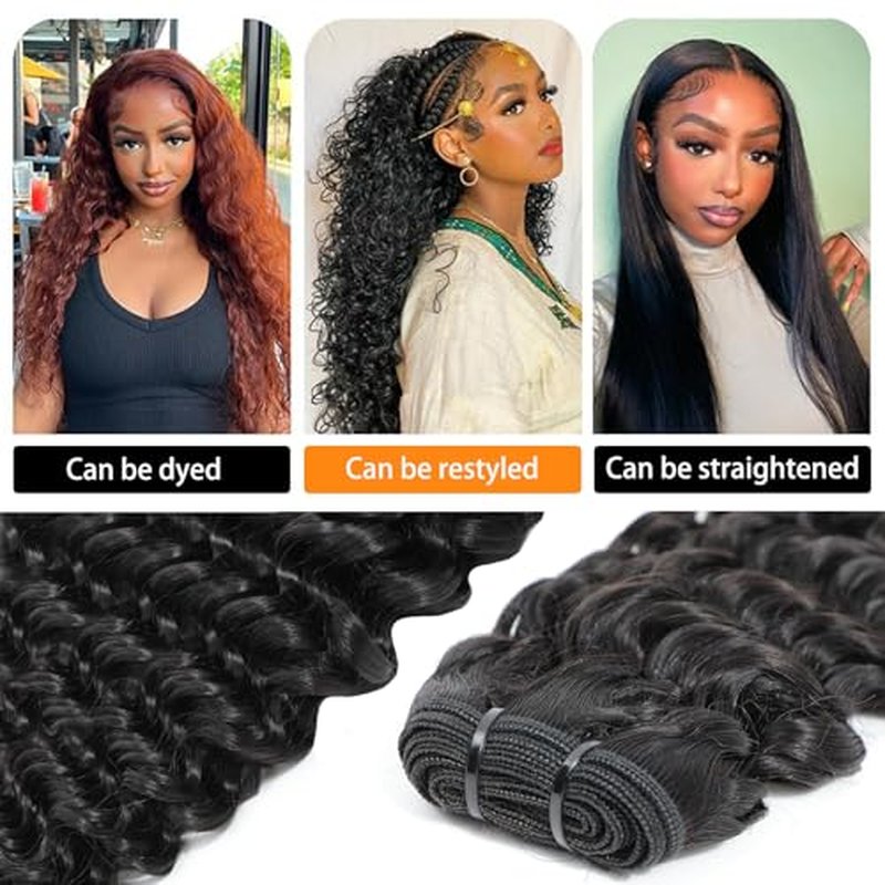 Deep Wave Bundles Human Hair, 14 16 18 20 Inch Curly Human Hair Bundles, 100% Unprocessed 12A Brazilian Virgin Hair with Aligned Scales Wet and Wavy Deep Curly Bundles for Black Women
