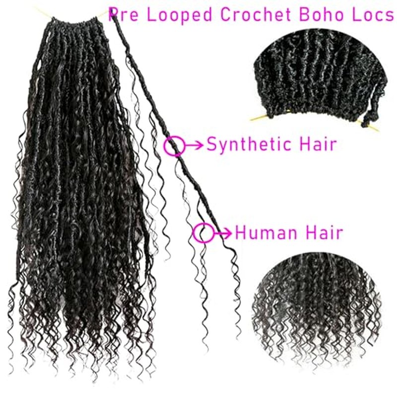 Boho Locs Crochet Braids Pre Looped With Human Hair Extensions Curly Ends Deep Wave Goddess Soft Locs Box Knotless Braids Hair Synthetic Dreadlocks Braiding for Women CHARMING YOU 26 Inch 24Strands