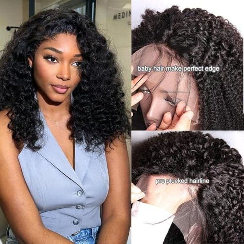 Kinky Curly Wig Human Hair 13x6 Lace Frontal 220% Density 16 Inch Afro Kinky-Curly Bob HD Transparent Lace Front Wig for Women Pre Plucked With Baby Hair Glueless Short Kinky Curly Wigs