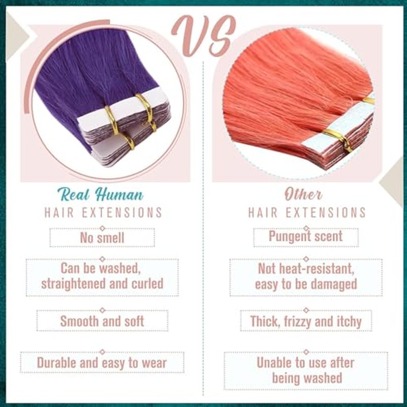 RUNATURE Purple Hair Extensions Real Human Hair, Tape in Hair Extensions, Easy to Apply, 22 Inch Seamless Tape in Colored Hair for Kids Highlight Party, Straight Remy Hair, 50g 20 pcs