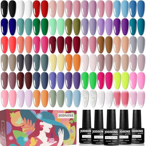 JODSONE 60 PCS Gel Nail Polish Set with 5 Bottles of Base and Glossy Matte Top Coat Soak off Gel Nail Set Suitable for All Seasons Gifts