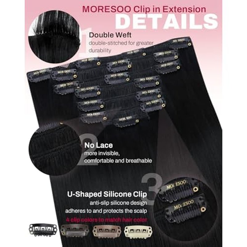 Moresoo Clip in Hair Extensions for Black Women Remy Double Weft Human Hair Clip in Extensions Jet Black #1 7Pieces 120G 24inch