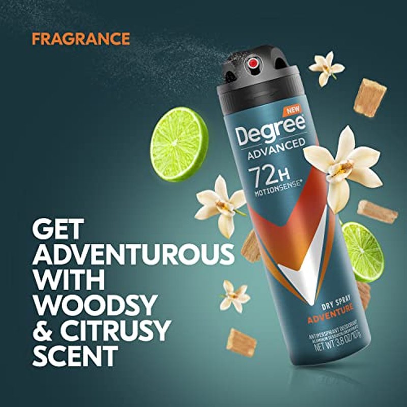 Degree Men Advanced Antiperspirant Deodorant Dry Spray Adventure 72-Hour Sweat and Odor Protection Deodorant For Men With MotionSense Technology, 3.8 Ounce (Pack of 3)