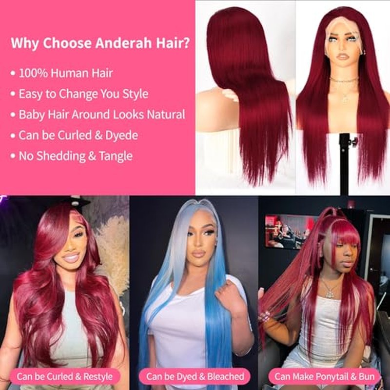 Anderah 99j Burgundy Lace Front Wigs Human Hair 13X4 Glueless Straight 99j Lace Frontal Wigs 180% Density Brazilian Virgin Human Hair Wigs for Women Pre Plucked With Baby Hair 28Inch