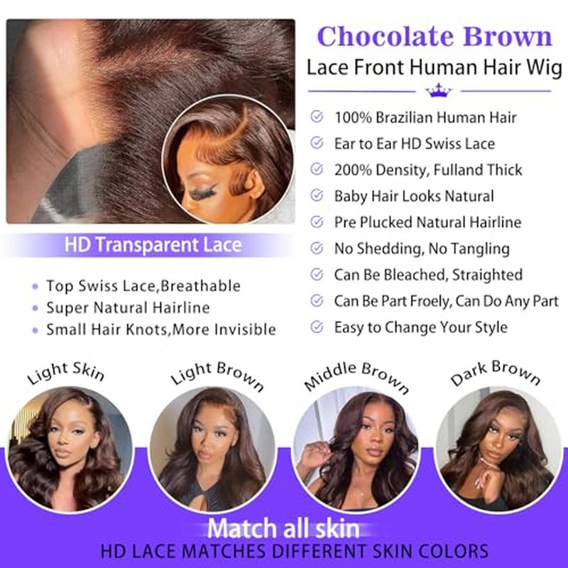 A8 Chocolate Brown Human Hair Wig 200 Density 13X6 Body Wave Lace Front Wigs Human Hair HD Frontal Wigs Pre Plucked Glueless Brown Lace Front Wig for Women 26 Inch