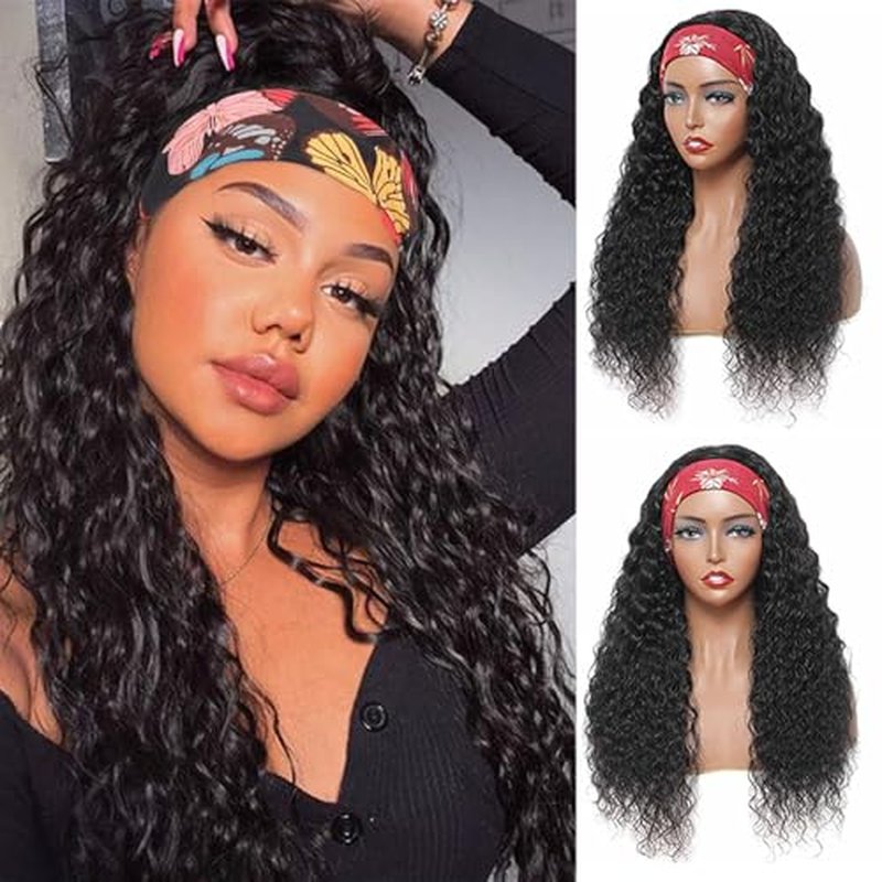 Deep Wave Headband Wig Human Hair 24 Inch Curly Headband Wigs for Black Women Human Hair Glueless None Lace Front Wigs Brazilian Virgin Hair Wig Machine Made 150% Density Natural Black Color