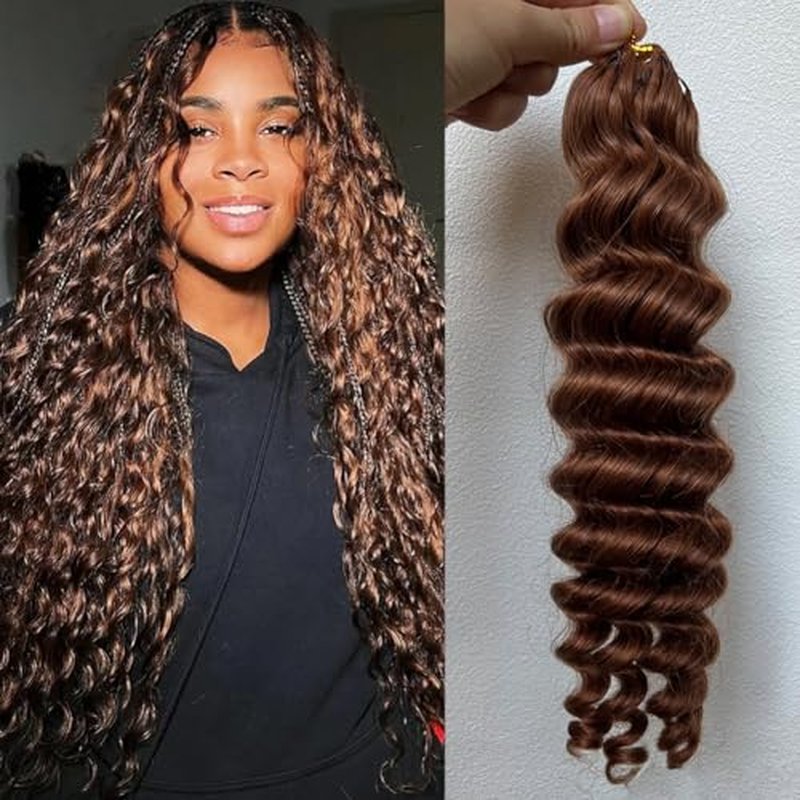 Deep Wave Crochet Human Hair Extensions Brazilian Virgin Feather Human Hair Bundles Pre Separated Braiding Hair Pre Looped for Boho Braids For Black Women Walnut Hair #30 Hair Color 20inch 60g