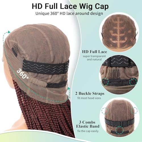 360¡ÆHD Full Lace Knotless Braided Wigs for Women Box Braid Wig with Baby Hair Premium Synthetic Natural Looking Burgundy Braided Lace Front Wigs 36 Inch