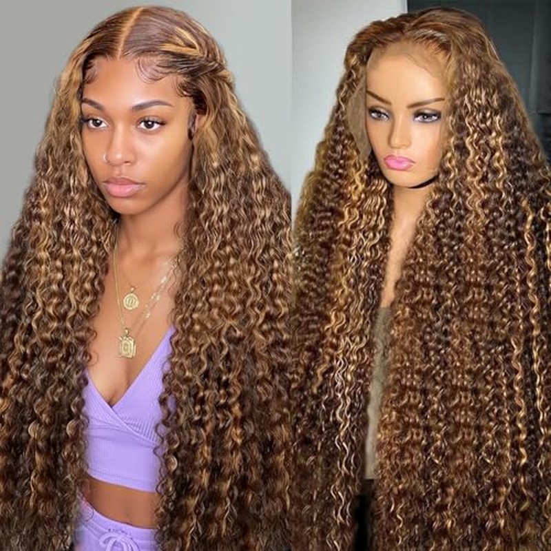 Water Wave Lace Front Wigs Human Hair 13x6 Ombre Honey Blonde Frontal Wig 200 Density P4/27 Highlight Curly Wig Glueless Wet and Wavy Lace Front Wigs Pre Plucked with Baby Hair (24 Inch)