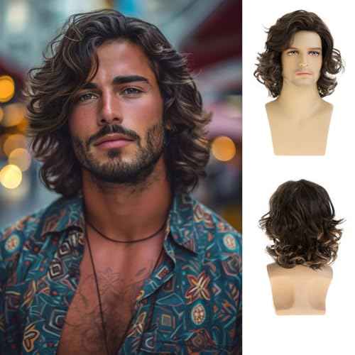 Mens Wig Brown Short Wavy Fluffy Cosplay Hair Wigs for Party Halloween Use