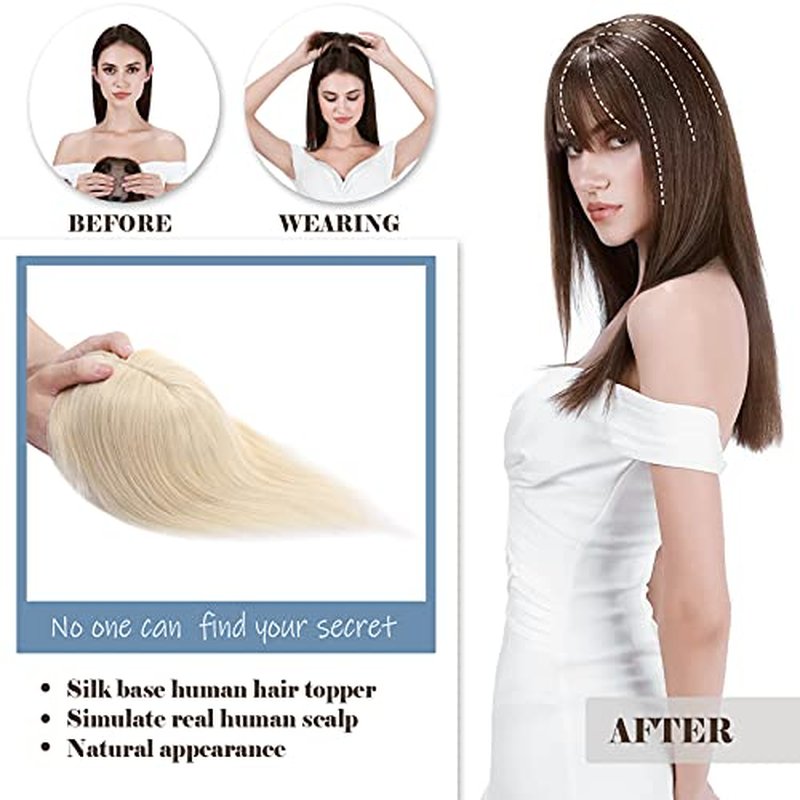 Hairro Human Hair Toppers With Bangs Clip on Topper Hairpiece For Women Silk Base Remy Real Hair Clip On Toupee With Wispy Air Bang For Thinning Hair Loss 10 Inch 33g #60 Platinum Blonde