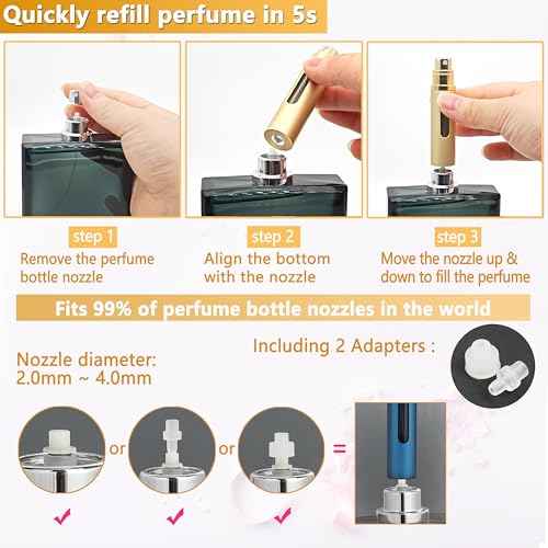 Perfume Travel Refillable Atomizer - 3-Pack 5ML Pocket Perfume Bottle, Travel Perfume Atomizer Refillable Perfume Spray Bottle, Portable Perfume Sprayer (Black & Gold & Silver)