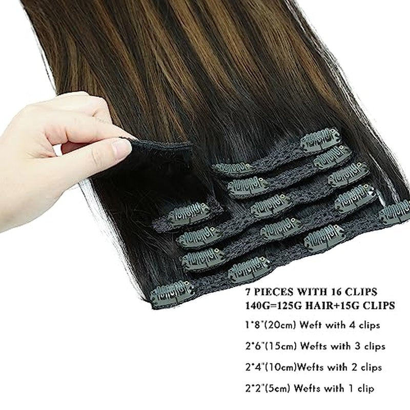 SEACOLOR Stock Clearance: 16 Inch, 140g Balayage Dark Brown mixed with Chestnut Brown Remy Clip In Hair Extensions, 100% real Human Hair Highlights on Dark Brown Hair #T2/6/2