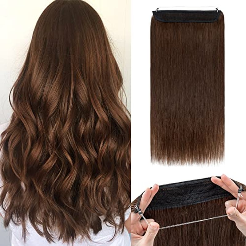Benehair Human Hair Extensions Thick Ends Invisible Wire Real Human Hair with 2 Fish Lines Thicker Hairpieces 20inch 110g Medium Brown Hair Extensions Straight Thicker Hairpieces for Women #4